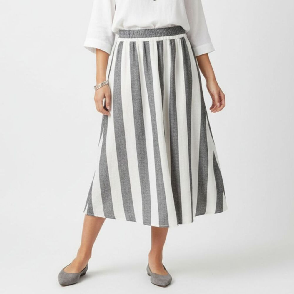 Catherine Malandrino 100% Linen Gray & Ivory Striped Midi Skirt M